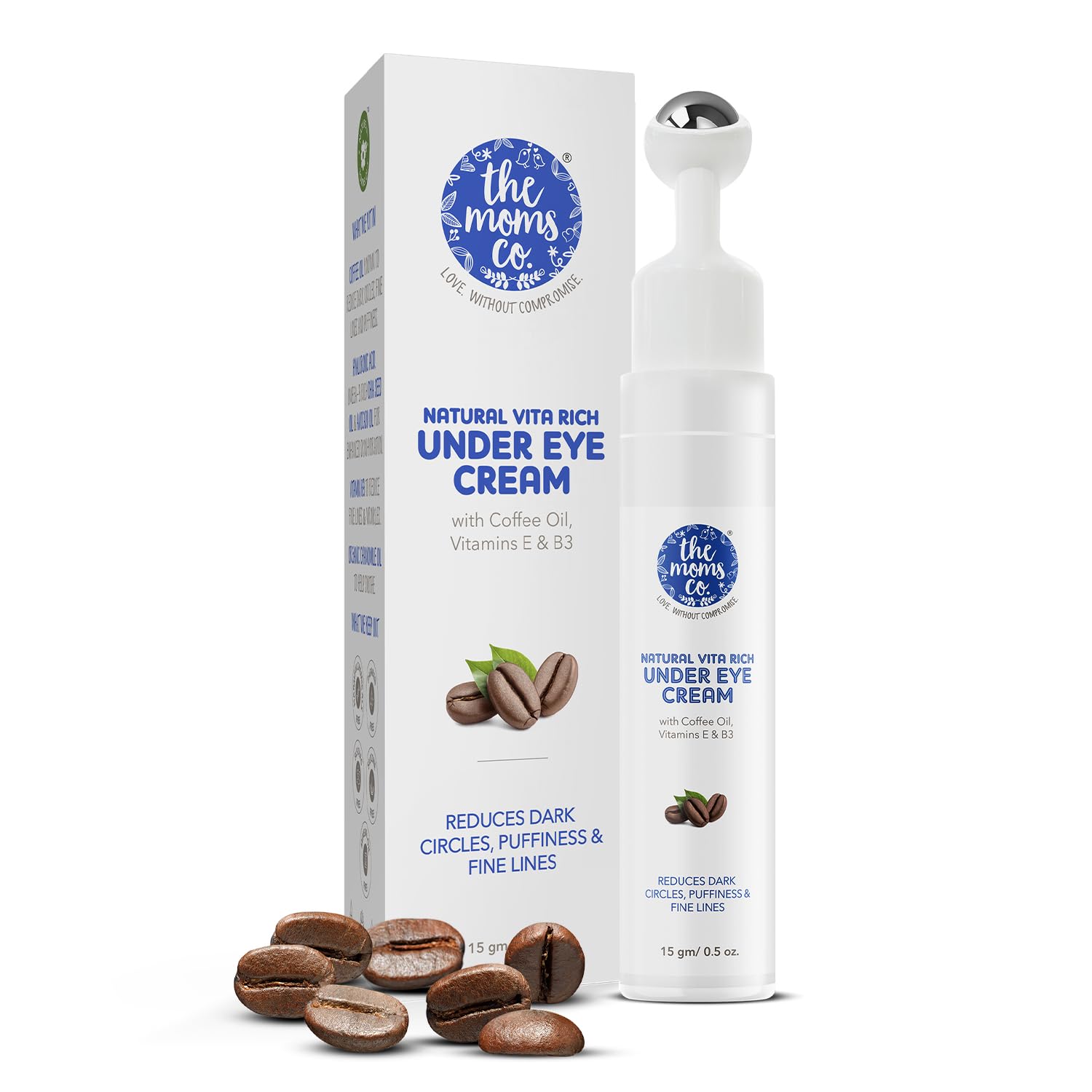 Picture of The Moms Co. Natural Vita Rich Under Eye Cream for Dark Circles for Women & Men enriched with Chia Seed Oil, Coffee Oil, Vitamines E & B3 with Cooling Massage Roller to Reduce Dark Circles, Puffiness and Fine Lines (15g/0.5 oz)