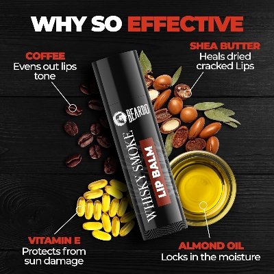 Picture of Beardo Whisky Smoke Lip Balm for Men, 4g | Certified Kissable Lips| Moisturizes & Soothes Dry, Cracked & Chapped Lips | Enriched with Vitamin E, Shea Butter & Coffee | Non Glossy | Non Tinted Lip Balm