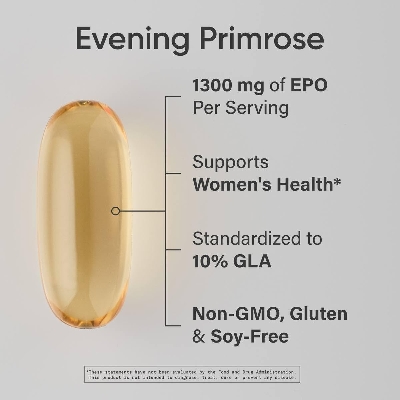 Picture of Sports Research Evening Primrose Supplement from Cold Pressed Oil - Softgels for Health & Skin Health - Gluten Free & Non-GMO GLA - High Potency 1300mg, 120 Count