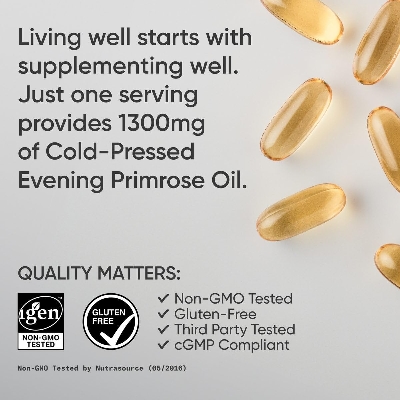 Picture of Sports Research Evening Primrose Supplement from Cold Pressed Oil - Softgels for Health & Skin Health - Gluten Free & Non-GMO GLA - High Potency 1300mg, 120 Count