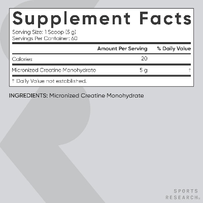 Picture of Sports Research Creatine Monohydrate - Gain Lean Muscle, Improve Performance and Strength and Support Workout Recovery - 5 g Micronized Creatine - 10.58 oz