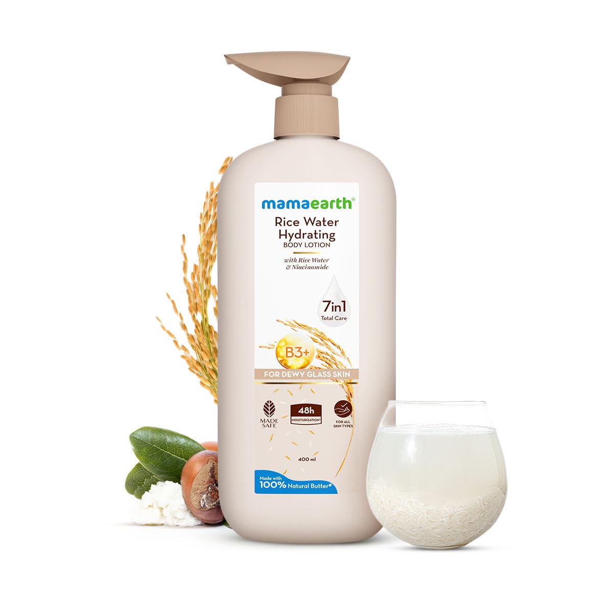 Picture of Mamaearth Rice Water Hydrating Body Lotion with Rice Water & Niacinamide for Dewy Glass Skin 400ml | 48H Moisturization | Nourishes Skin | 7in1 Total Care | 100% Natural Butter | NonGreasy Smooth Skin