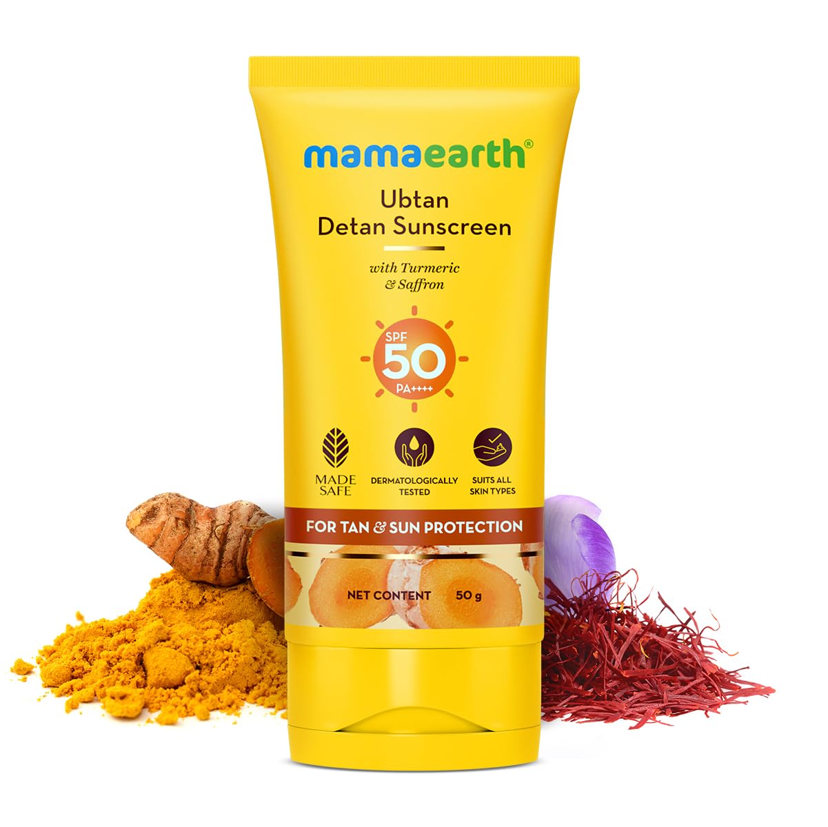 Picture of Mamaearth Ubtan Detan Sunscreen With Turmeric & Saffron - 50 g | SPF 50 & PA++++ For UVA/B Protection | Removes Tan | Brightens Skin | Non-Greasy & Lightweight | No White Cast | For All Skin Types