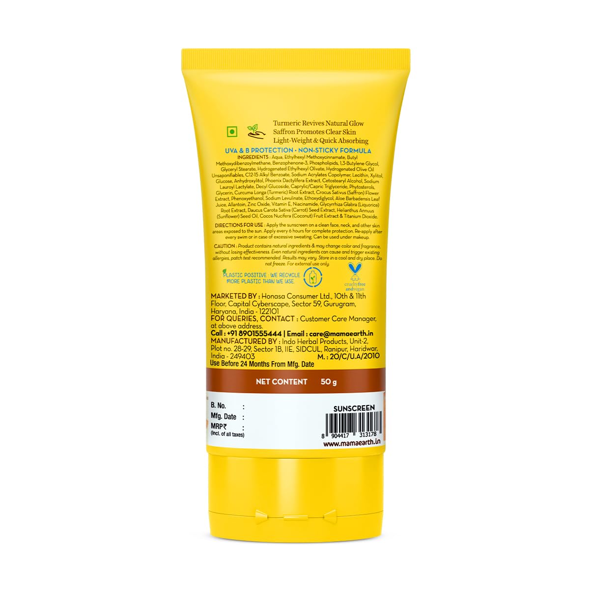 Picture of Mamaearth Ubtan Detan Sunscreen With Turmeric & Saffron - 50 g | SPF 50 & PA++++ For UVA/B Protection | Removes Tan | Brightens Skin | Non-Greasy & Lightweight | No White Cast | For All Skin Types