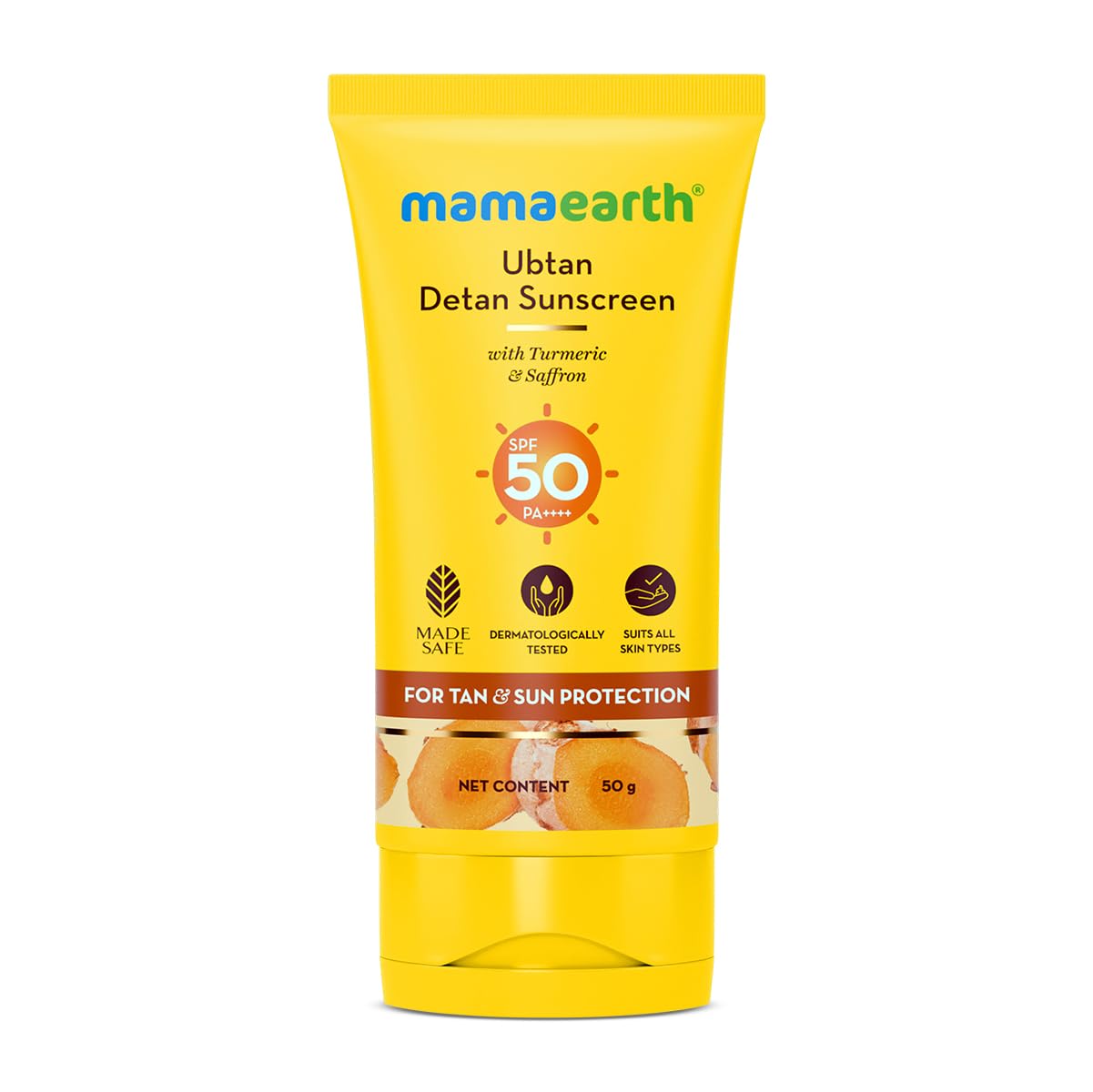 Picture of Mamaearth Ubtan Detan Sunscreen With Turmeric & Saffron - 50 g | SPF 50 & PA++++ For UVA/B Protection | Removes Tan | Brightens Skin | Non-Greasy & Lightweight | No White Cast | For All Skin Types