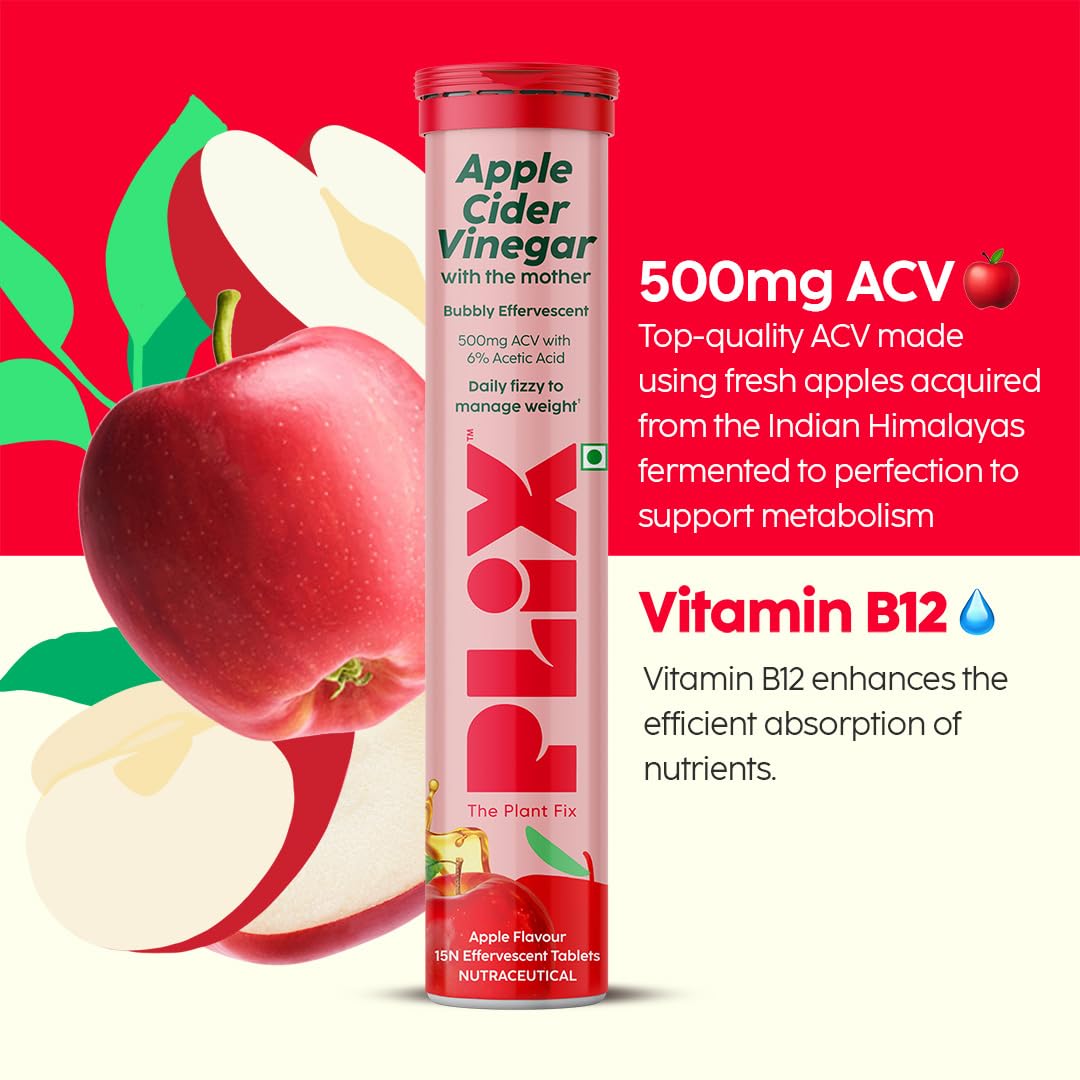 Picture of PLIX - THE PLANT FIX Apple Cider Vinegar Effervescent Tablet with mother I with vitamin B6 & B12 | Pack of 1 (Apple), 15 tablets | No added Sugar |Easy to carry & consume