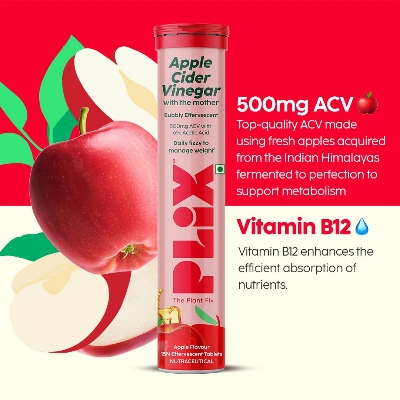Picture of PLIX - THE PLANT FIX Apple Cider Vinegar Effervescent Tablet with mother I with vitamin B6 & B12 | Pack of 1 (Apple), 15 tablets | No added Sugar |Easy to carry & consume