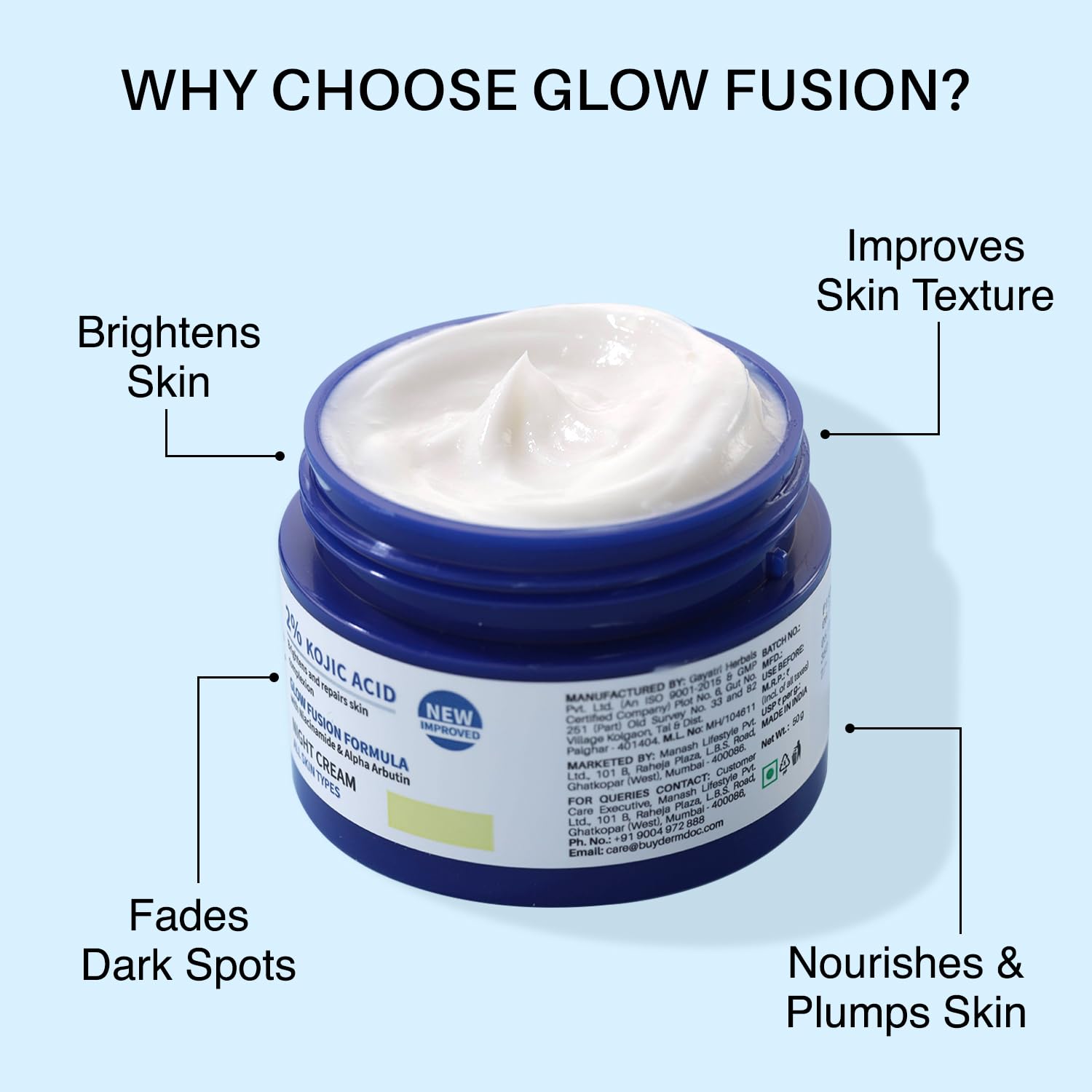 Picture of DERMDOC 2% Kojic Acid Night Cream (50g) | With Niacinamide & Alpha Arbutin | Face Moisturizer For Glowing & Brightening Skin | Reduces Dark Spots & Pigmentation | Minimizes Pores | Anti Aging