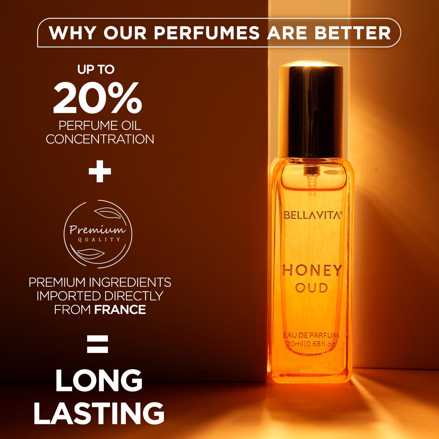 Picture of Bella Vita Luxury Honey Oud Unisex Liquid Eau De Parfum With Bergamot, Patchouli, Vanilla Premium, Long Lasting Sweet & Spicy Fragrance, 20ml