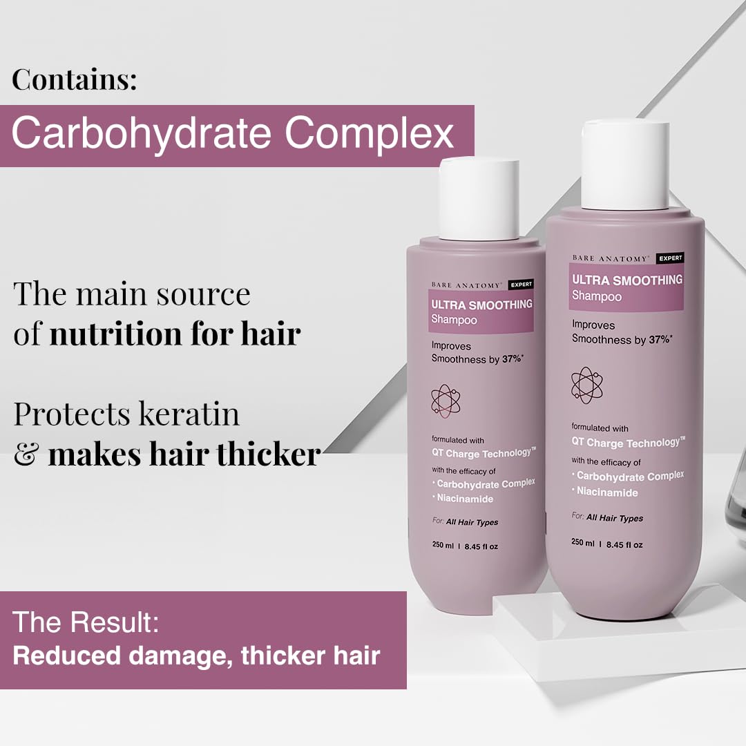 Picture of Bare Anatomy Ultra Smoothing Shampoo for Dry and Frizzy Hair | Restores Smoothing & Texture by 37% | Powered By Carbohydrate Complex & Niacinamide | SLS & Paraben Free | Vegan | For Men & Women -250ml