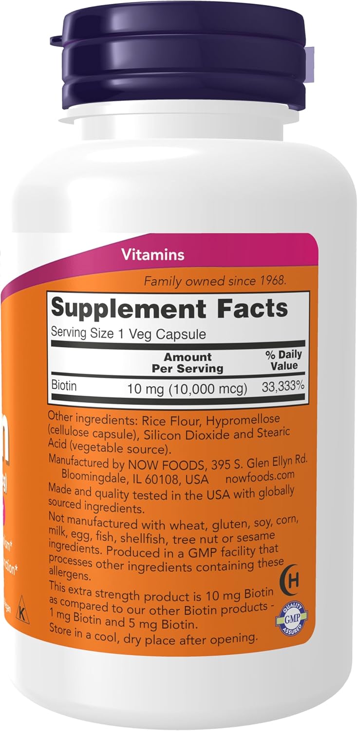 Picture of NOW Foods Supplements, Biotin 10 mg (10,000 mcg), Extra Strength, Energy Production*, 120 Veg Capsules