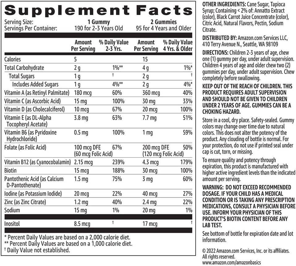 Picture of Amazon Basics Kids' Multivitamin Gummies, Orange, Cherry & Strawberry, 190 Count (Previously Solimo)