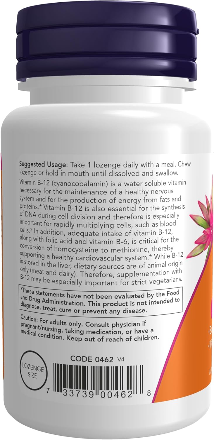 Picture of NOW Foods Supplements, Vitamin B-12 5,000 mcg, With Folic Acid, Nervous System Health*, 60 Lozenges