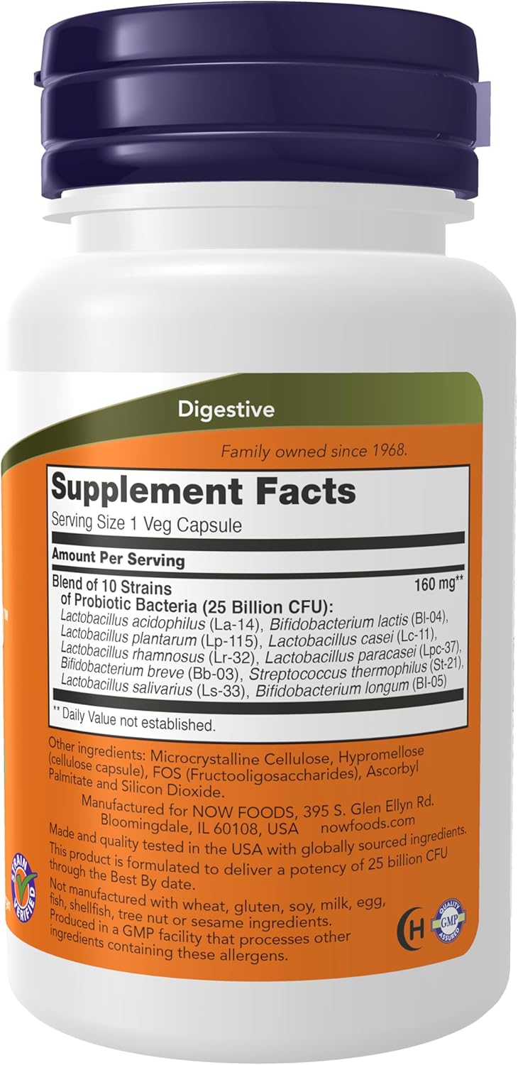 Picture of NOW Foods Supplements, Probiotic-10™, 25 Billion, with 10 Probiotic Strains, Dairy, Soy and Gluten Free, Strain Verified, 30 Veg Capsules
