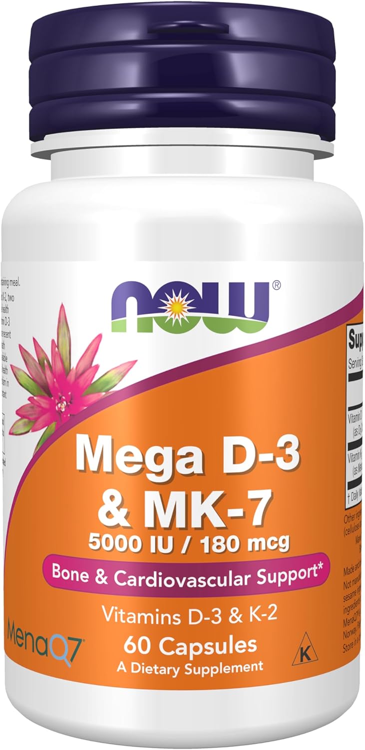 Picture of NOW Foods Supplements, Mega D-3 & MK-7 with Vitamins D-3 & K-2, 5,000 IU/180 mcg, Bone & Cardiovascular Support*, 60 Veg Capsules