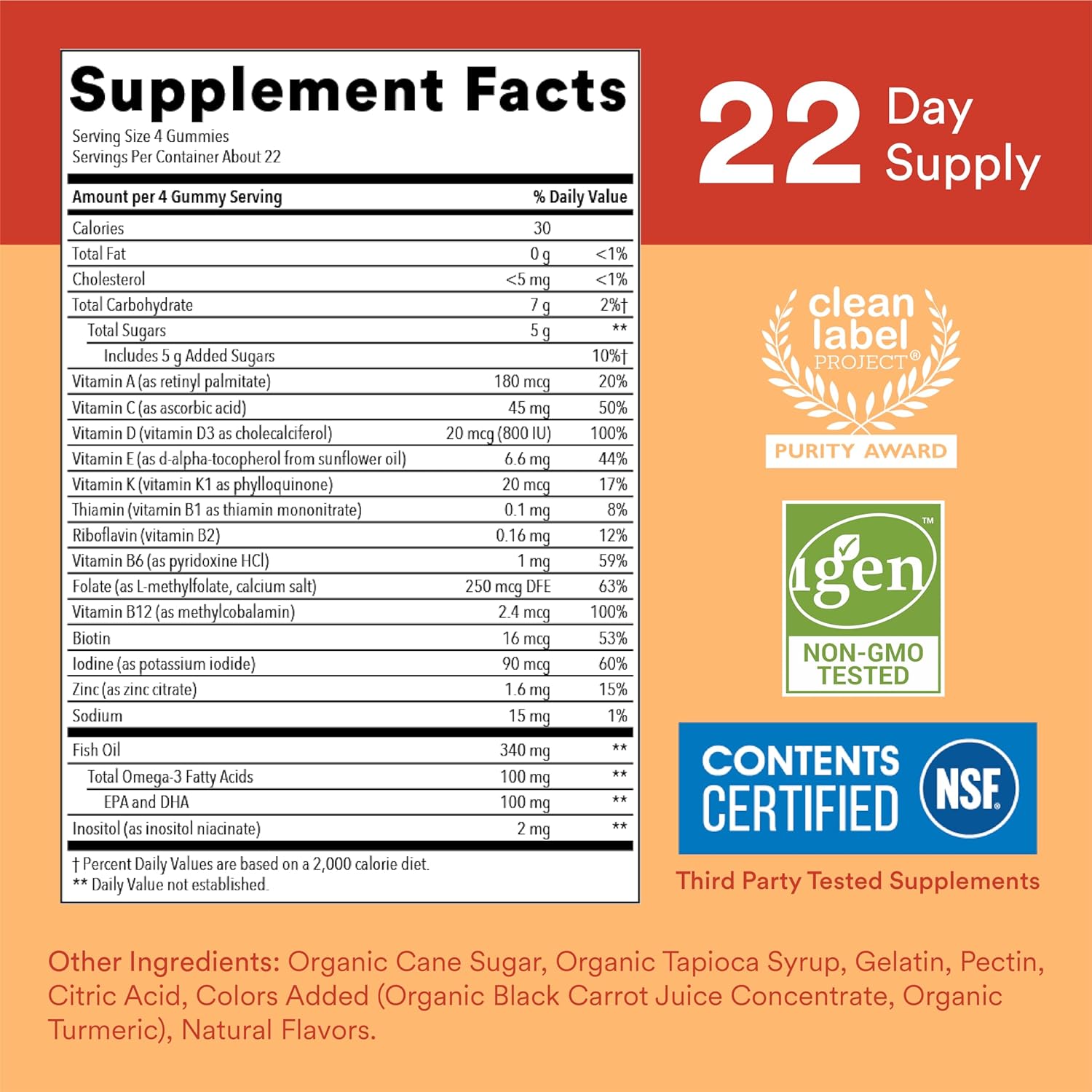 Picture of SmartyPants Kids Multivitamin Gummies: Omega 3 Fish Oil (EPA/DHA), Vitamin D3, C, Vitamin B12, B6, A, K & Zinc for Immune Support, Biotin, Gluten Free, Three Fruit Flavors, 90 Count