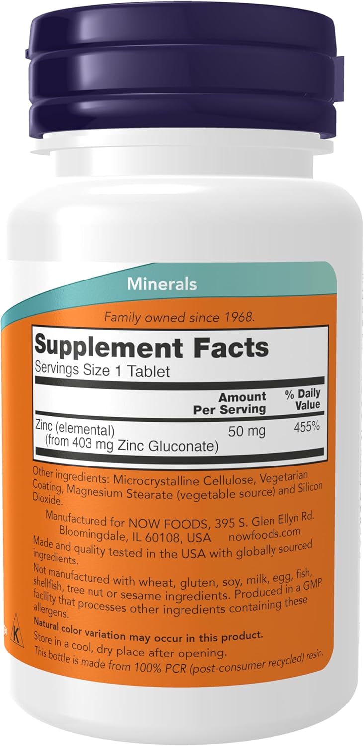 Picture of NOW Foods Supplements, Zinc (Zinc Gluconate) 50 mg, Supports Enzyme Functions*, Immune Support*, 100 Tablets