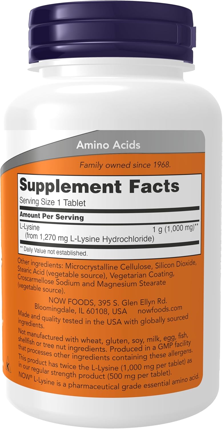 Picture of NOW Foods Supplements, (L-Lysine Hydrochloride) 1,000 mg, Double Strength, Amino Acid, 100 Tablets