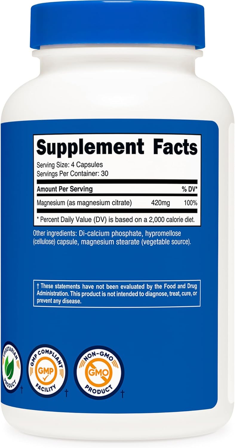 Picture of Nutricost Magnesium Citrate 420mg, 120 Veggie Capsules Gluten Free, Non-GMO Supplement