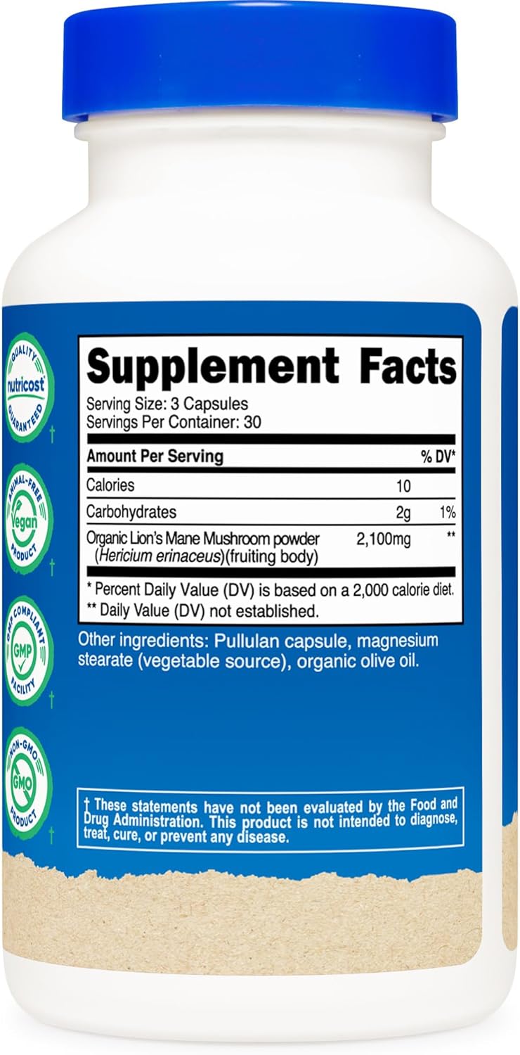 Picture of Nutricost Lion's Mane Mushroom Capsules 2100mg, 30 Servings - CCOF Certified Made with Organic, Vegetarian, Gluten Free, 700mg Per Capsule, 90 Capsules