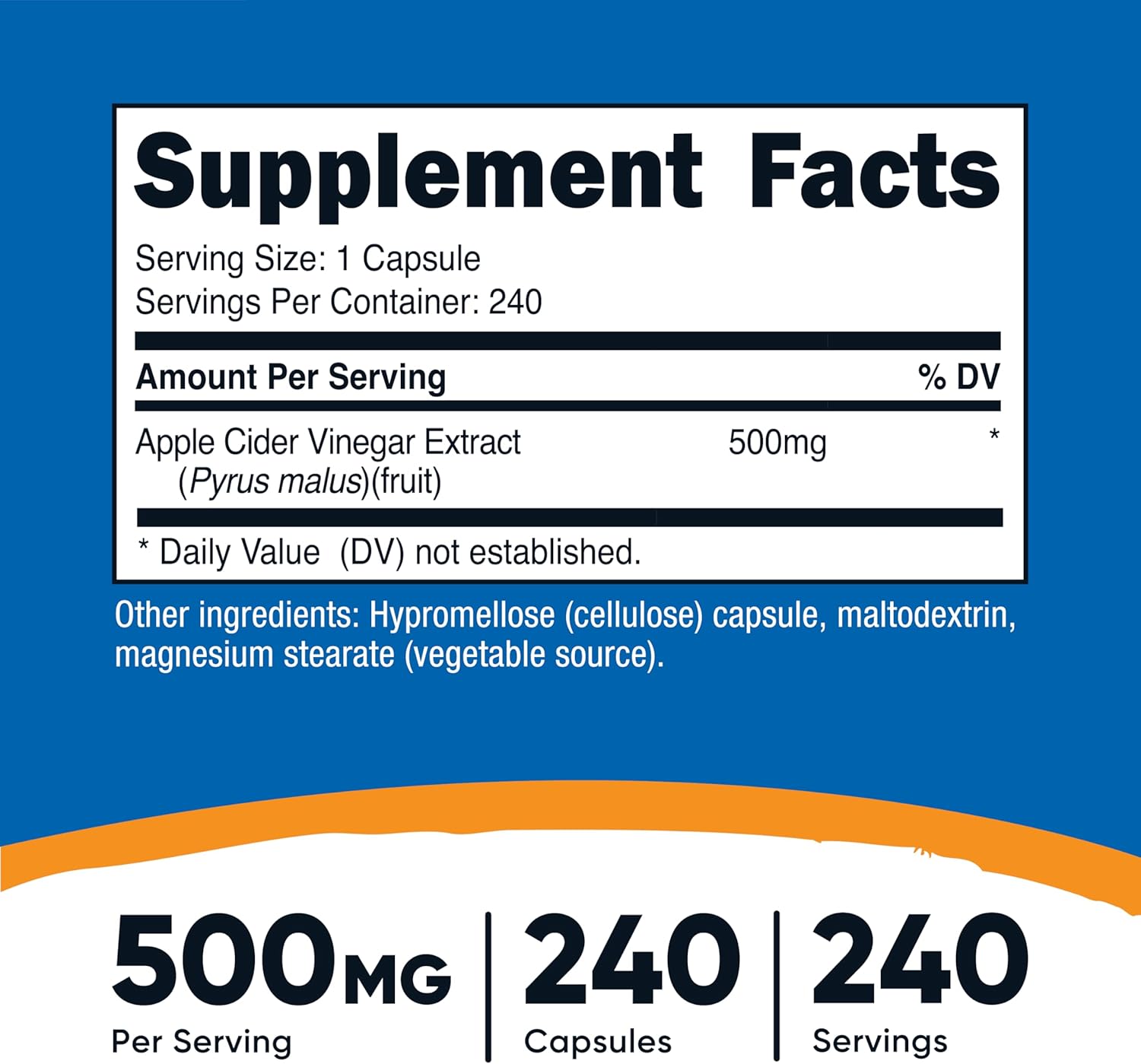 Picture of Nutricost Apple Cider Vinegar Capsules 500mg, 240 Vegetarian Capsules - Natural, Vegetarian, GMP, Non-GMO and Gluten Free