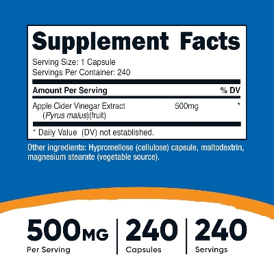 Picture of Nutricost Apple Cider Vinegar Capsules 500mg, 240 Vegetarian Capsules - Natural, Vegetarian, GMP, Non-GMO and Gluten Free