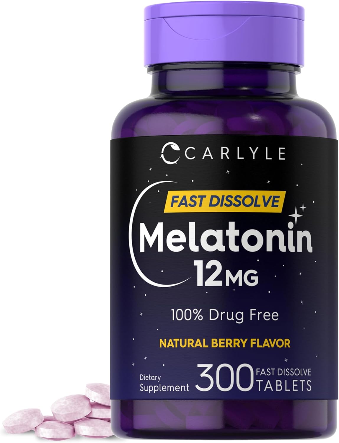Picture of Carlyle Melatonin 12 mg Fast Dissolve 300 Tablets | Drug Free | Natural Berry Flavor | Vegetarian, Non-GMO, Gluten Free