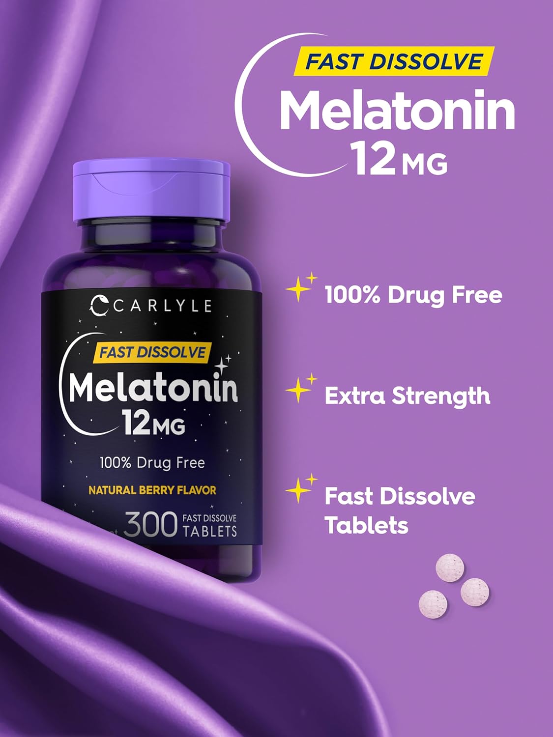 Picture of Carlyle Melatonin 12 mg Fast Dissolve 300 Tablets | Drug Free | Natural Berry Flavor | Vegetarian, Non-GMO, Gluten Free