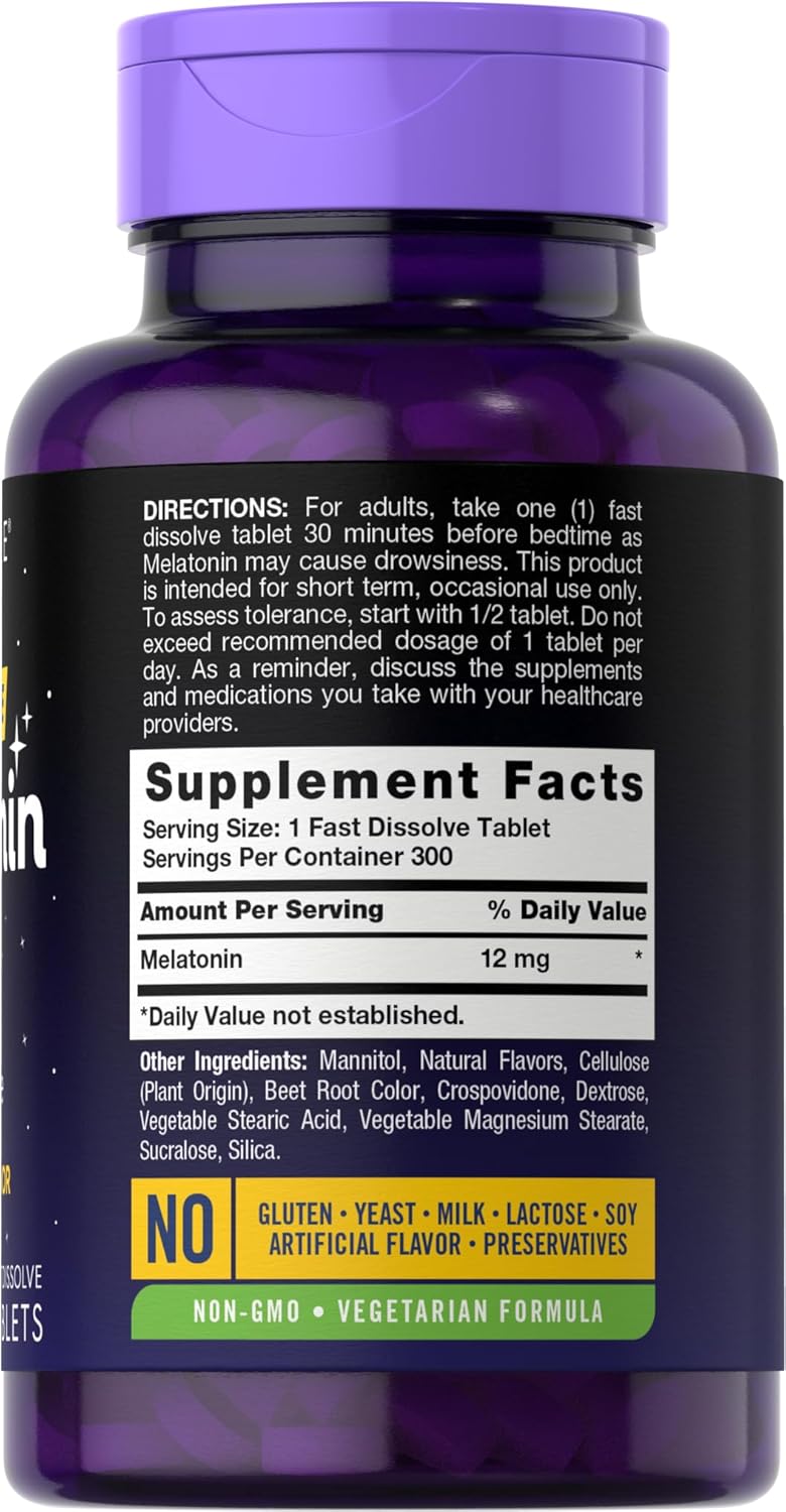 Picture of Carlyle Melatonin 12 mg Fast Dissolve 300 Tablets | Drug Free | Natural Berry Flavor | Vegetarian, Non-GMO, Gluten Free