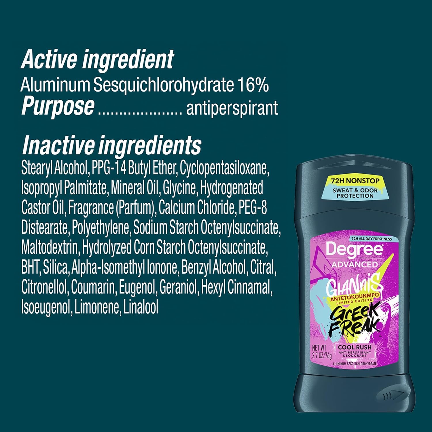 Picture of Degree Men’s Antiperspirant Deodorant,Degree Men’s Antiperspirant Deodorant, Cool Rush, Giannis Antetokounmpo “Greek Freak” Limited Edition, 72H Sweat & Odor Protection, 2.7 Oz Ea