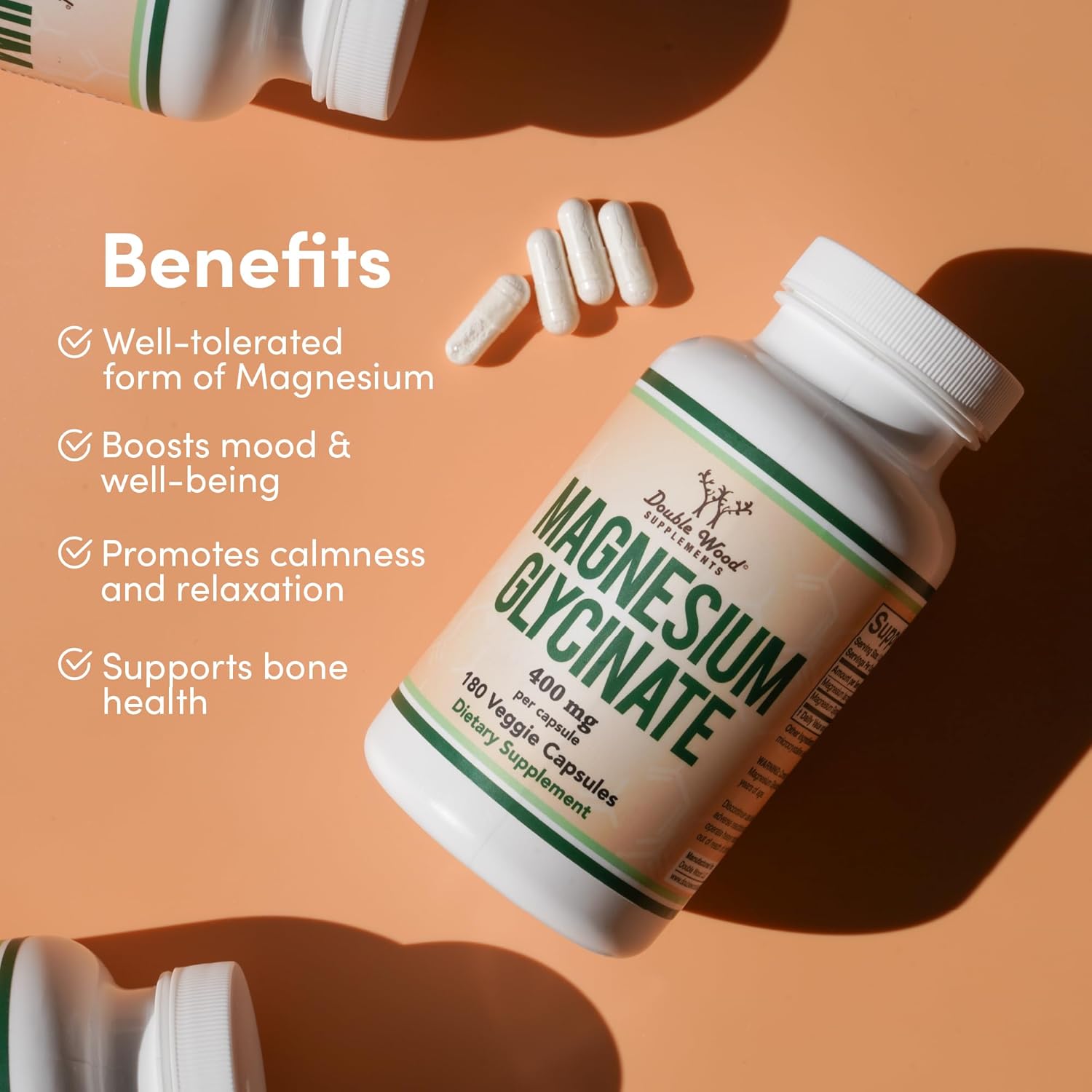 Picture of Magnesium Glycinate 400mg, 180 Capsules (Vegan Safe, Third Party Tested, Gluten Free, Non-GMO) High Absorption Magnesium by Double Wood Supplements