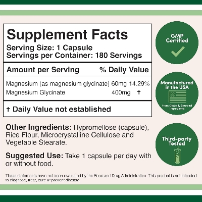 Picture of Magnesium Glycinate 400mg, 180 Capsules (Vegan Safe, Third Party Tested, Gluten Free, Non-GMO) High Absorption Magnesium by Double Wood Supplements