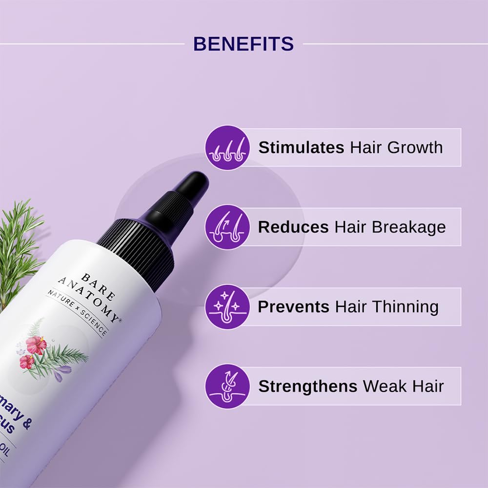 Picture of Bare Anatomy Nature x Science Rosemary Hibiscus Hair Growth Oil for Women & Men | Promotes New Hair Growth & Strengthens Hair | Nourishes Scalp & Controls Hair Fall | Suitable for All Hair Types-100ml