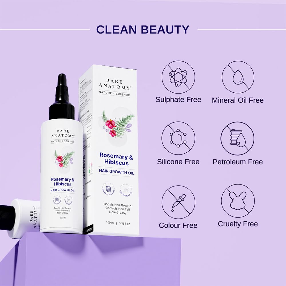 Picture of Bare Anatomy Nature x Science Rosemary Hibiscus Hair Growth Oil for Women & Men | Promotes New Hair Growth & Strengthens Hair | Nourishes Scalp & Controls Hair Fall | Suitable for All Hair Types-100ml