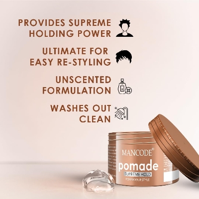 Picture of Mancode Hair Styling Pomade Wax for Men- 100ml | Supreme Hold, Glossy Finish, Non-Greasy, Water-Based Formula | 24-Hour Flexible Hold | Strong & Long-Lasting | All Hair Types