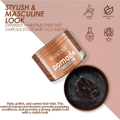 Picture of Mancode Hair Styling Pomade Wax for Men- 100ml | Supreme Hold, Glossy Finish, Non-Greasy, Water-Based Formula | 24-Hour Flexible Hold | Strong & Long-Lasting | All Hair Types