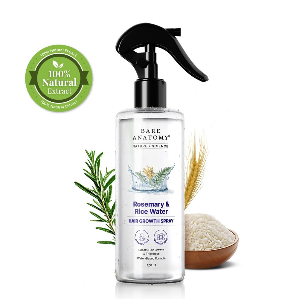 Picture of Bare Anatomy Nature x Science Rosemary Water Spray for Hair Growth & Hair Thickness with Rice Water |100% Natural Extract | Soft & Smooth Hair | Controls Hairfall & Adds Shine | Non-Greasy & Fast Absorbing | 200 ml
