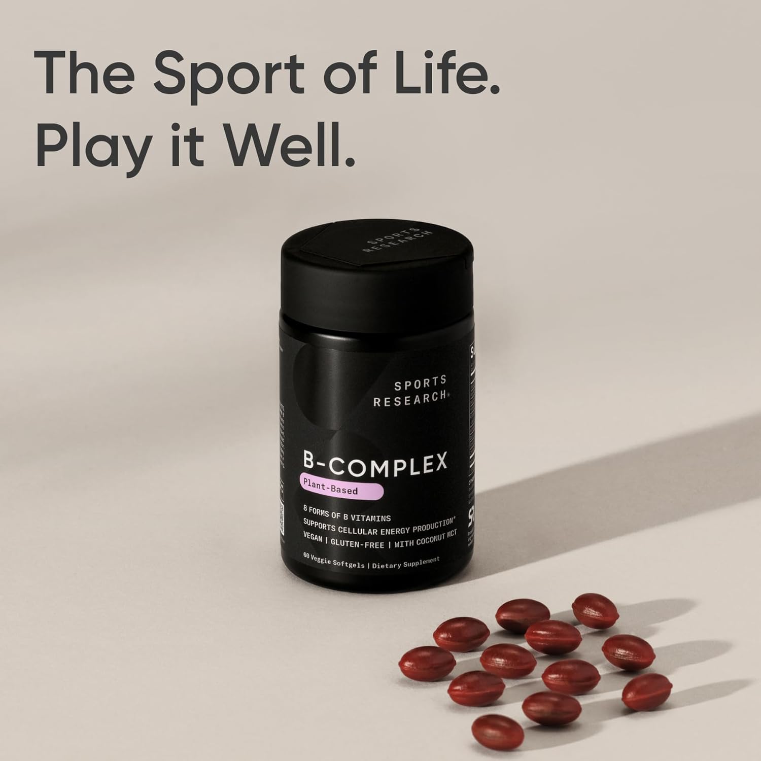 Picture of Sports Research® Vegan Vitamin B Complex - All 8 Active Forms with Methyl Folate, Methyl B12, B6, Biotin w/Choline & Inositol - Cellular Energy Support* - Vegan · Gluten Free · Non-GMO - 60 Softgels