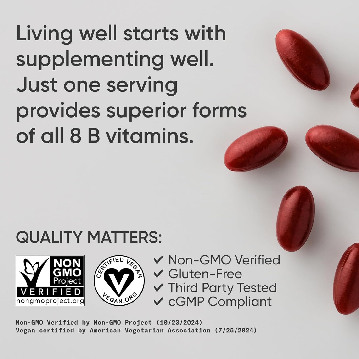 Picture of Sports Research® Vegan Vitamin B Complex - All 8 Active Forms with Methyl Folate, Methyl B12, B6, Biotin w/Choline & Inositol - Cellular Energy Support* - Vegan · Gluten Free · Non-GMO - 60 Softgels