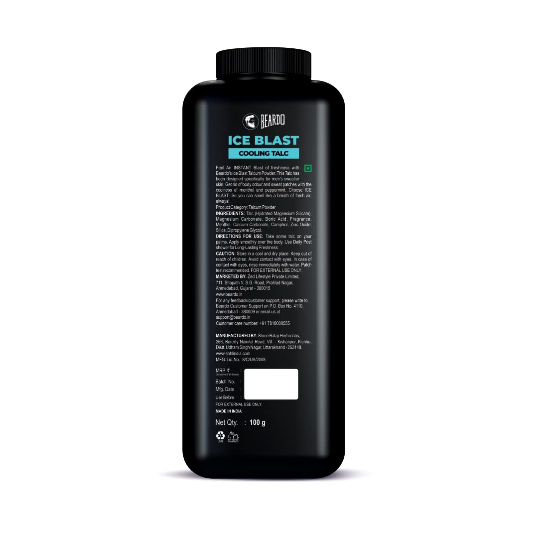 Picture of Beardo Ice Blast Talc Powder for men, 100g | INSTANT ICY COOLING Talcum Powder Men | Combat heat with Menthol | Goodness of Aloe vera & Vitamin E for Instant Freshness