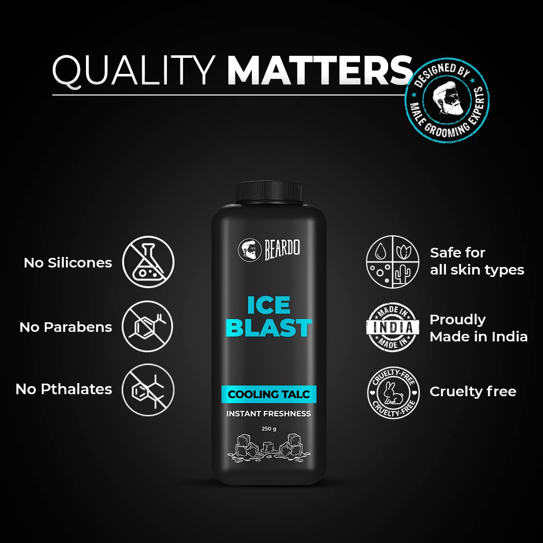 Picture of Beardo Ice Blast Talc Powder for men, 100g | INSTANT ICY COOLING Talcum Powder Men | Combat heat with Menthol | Goodness of Aloe vera & Vitamin E for Instant Freshness