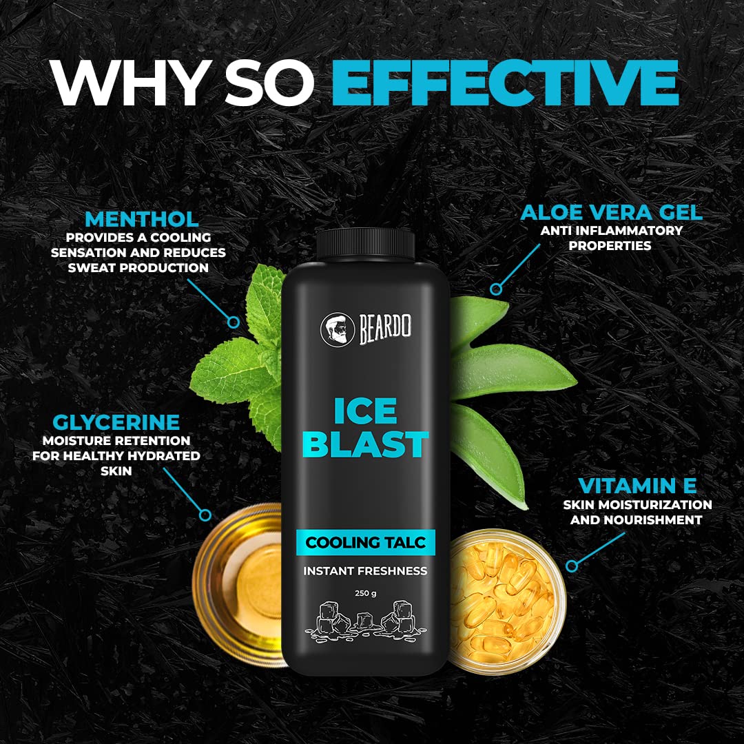 Picture of Beardo Ice Blast Talc Powder for men, 100g | INSTANT ICY COOLING Talcum Powder Men | Combat heat with Menthol | Goodness of Aloe vera & Vitamin E for Instant Freshness