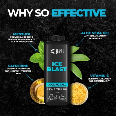 Picture of Beardo Ice Blast Talc Powder for men, 100g | INSTANT ICY COOLING Talcum Powder Men | Combat heat with Menthol | Goodness of Aloe vera & Vitamin E for Instant Freshness