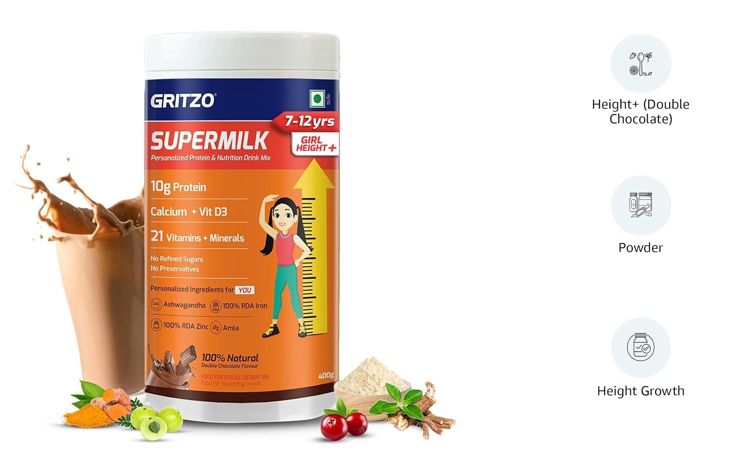 Picture of Gritzo SuperMilk Height+ (7-12y Girls), 10g Protein Powder (Double Chocolate, 400g) | Zero Refined Sugar, 21 Vitamins & Minerals