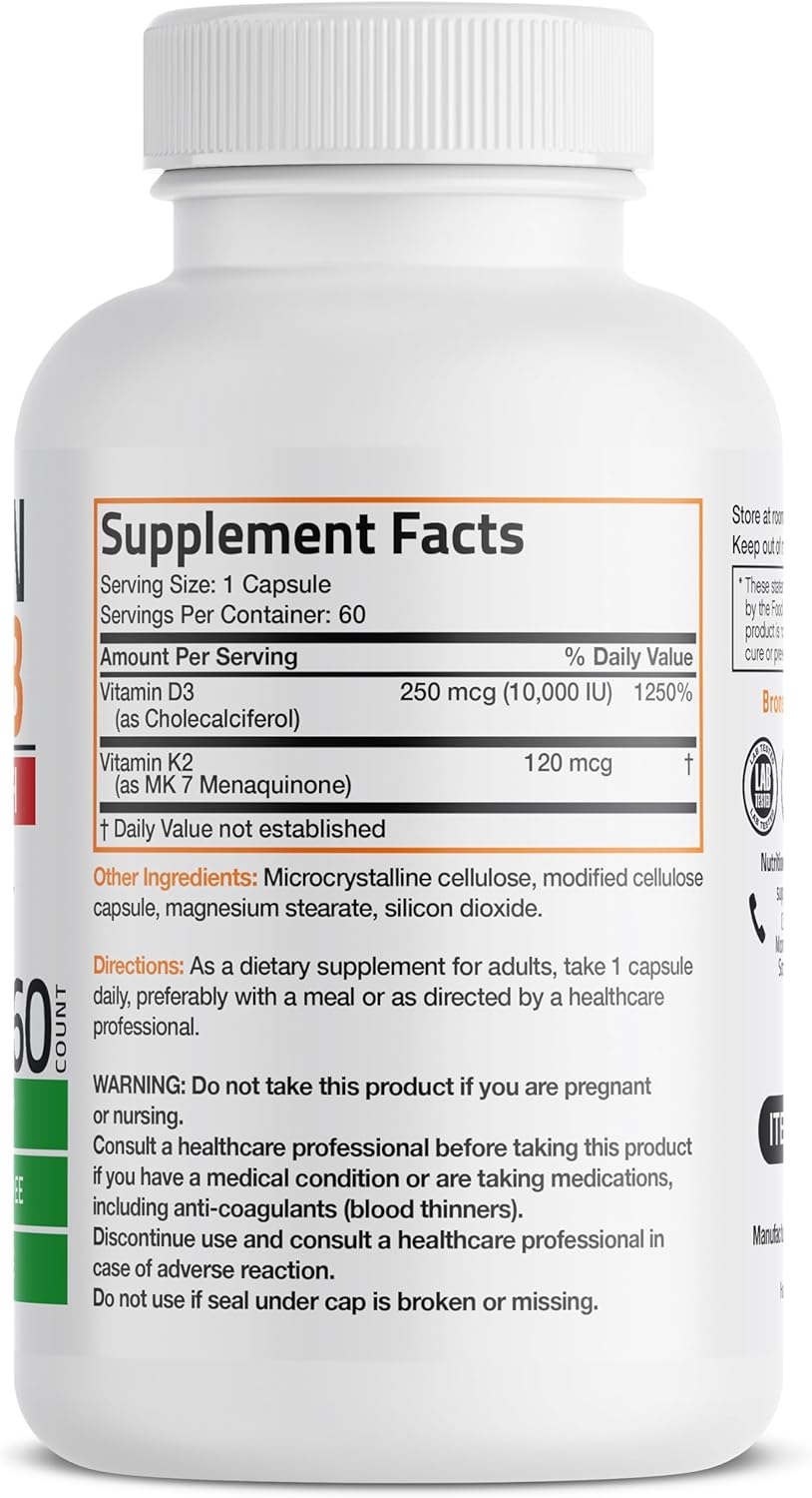 Picture of Bronson Vitamin K2 (MK7) with D3 Extra Strength Supplement Bone Health Non-GMO Formula 10,000 IU & 120 mcg MK-7 Easy to Swallow D K, 60 Capsules