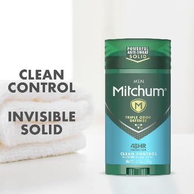 Picture of Mitchum Men's Deodorant, Antiperspirant Stick, Triple Odor Defense Invisible Solid, 48 Hr Protection, Dermatologist Tested, Clean Control, 2.7 Oz