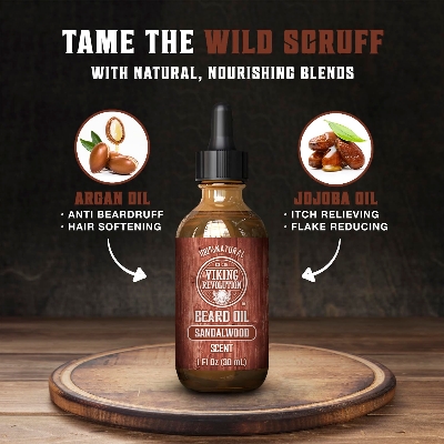 Picture of Viking Revolution Sandalwood Beard Oil for Men - Natural Mens Beard Oil with Argan Oil and Jojoba Oil - Beard Softener, Strengthens and Moisturizes - Beard Conditioner for Men