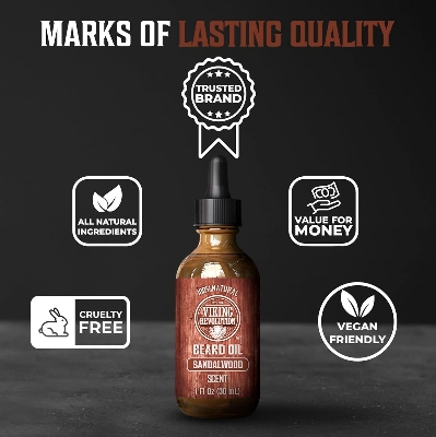 Picture of Viking Revolution Sandalwood Beard Oil for Men - Natural Mens Beard Oil with Argan Oil and Jojoba Oil - Beard Softener, Strengthens and Moisturizes - Beard Conditioner for Men