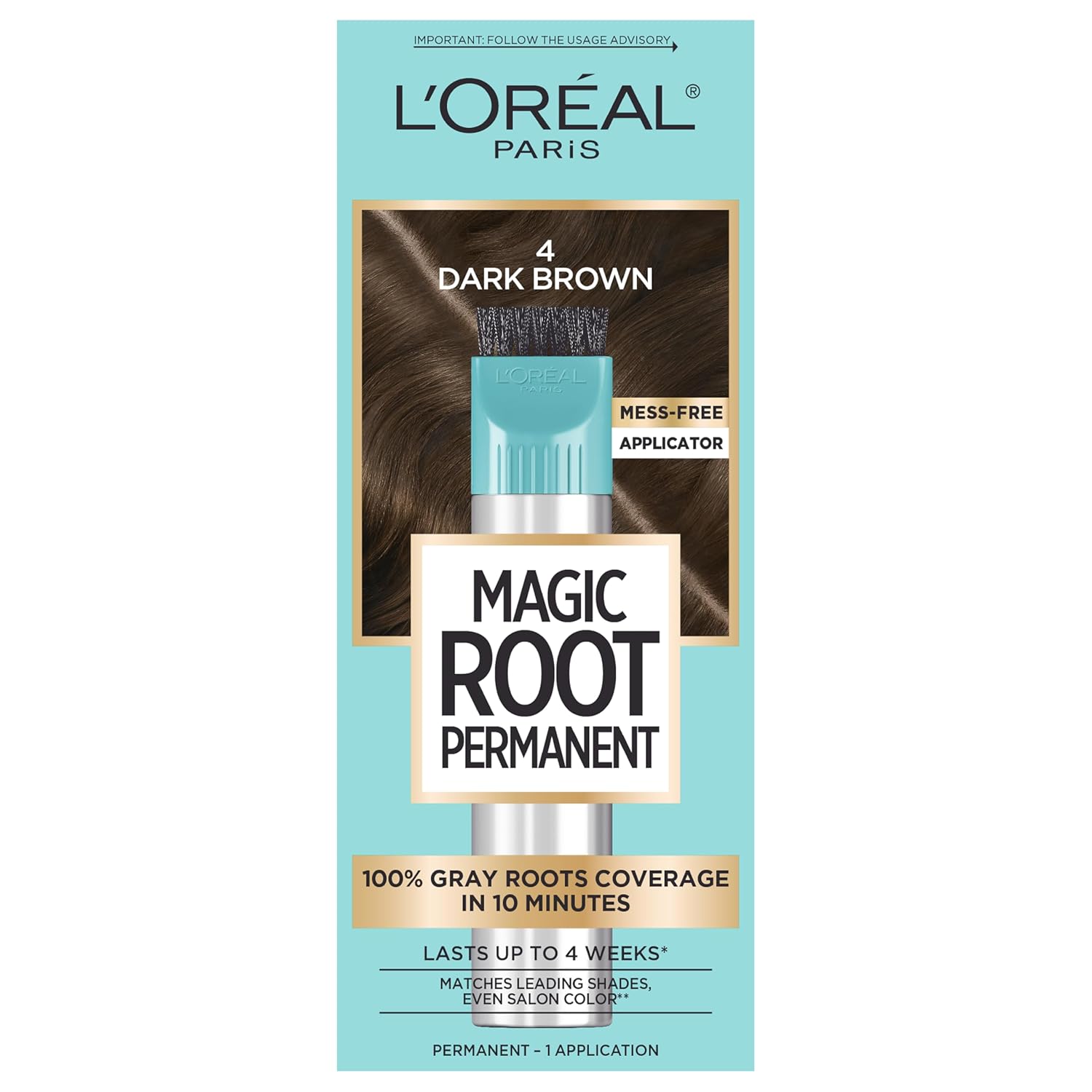 Picture of L'Oreal Paris Magic Root Rescue 10 Minute Root Hair Coloring Kit, Permanent Color with Quick Precision Applicator, 100 percent Gray Coverage, 4 Dark Brown, 1 kit (Packaging May Vary)