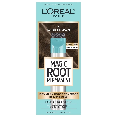 Picture of L'Oreal Paris Magic Root Rescue 10 Minute Root Hair Coloring Kit, Permanent Color with Quick Precision Applicator, 100 percent Gray Coverage, 4 Dark Brown, 1 kit (Packaging May Vary)